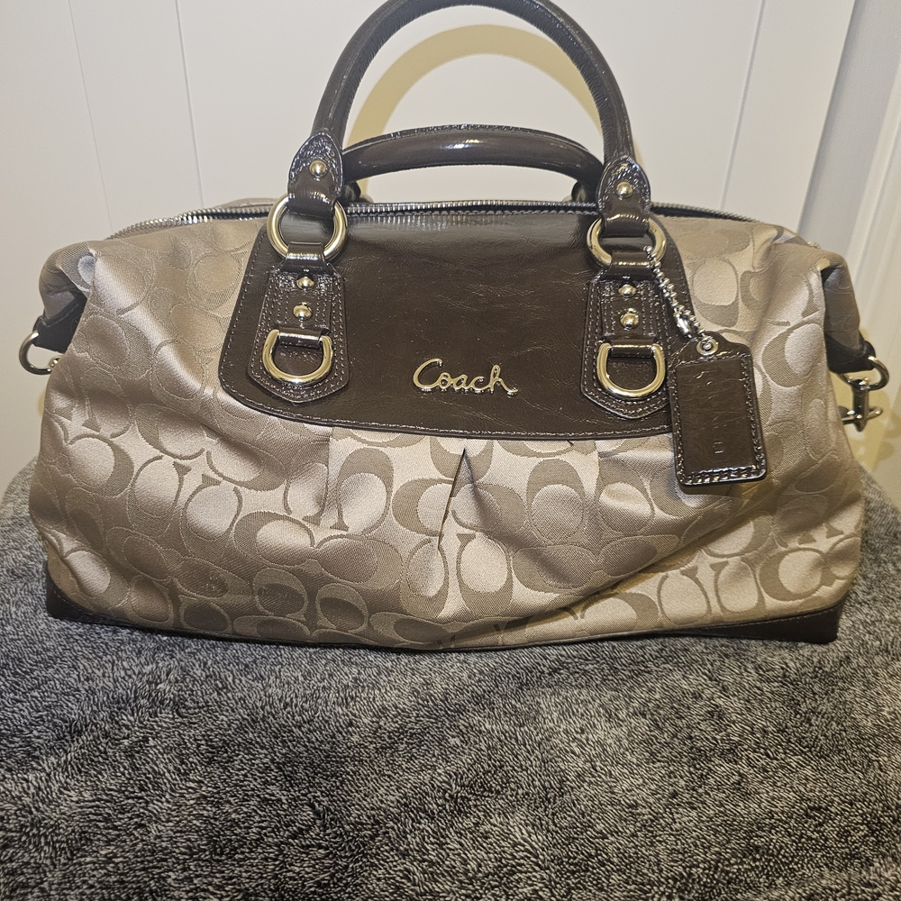 Coach Beige Signature Satchel with Brown Patent Leather Trim